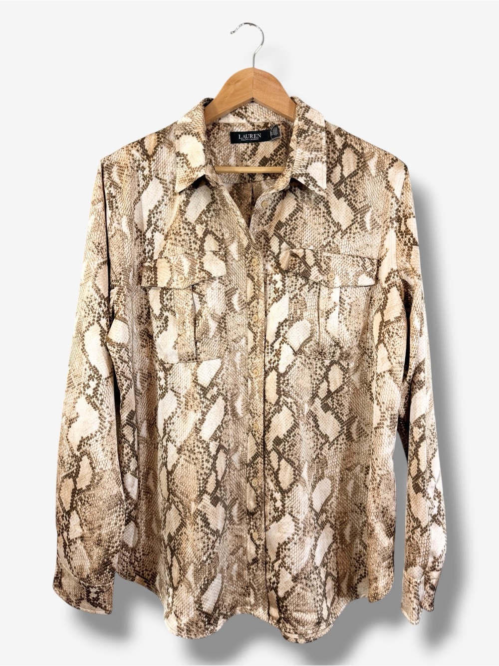 Ralph Lauren Satin Snakeskin Print Blouse XL Tan White Reptile Button Down Shirt